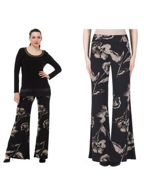 Joseph Ribkoff black taupe floral palazzo pants flowy wide-leg